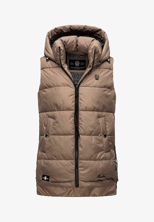 Veste sans manches matelassée beige avec capuche, fermeture éclair devant, poches latérales et détails de logo et d'étiquette de marque noirs.