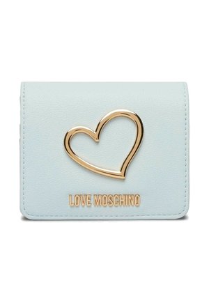 Portafoglio azzurro chiaro con dettaglio metallico a forma di cuore dorato e logo "LOVE MOSCHINO" in lettere dorate sul davanti.