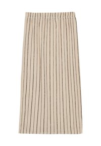 Jupe beige avec des rayures verticales noires et une taille élastique, de longueur mi-mollet et coupe droite.