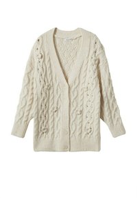Cream-colored cable knit cardigan with floral knit accents, long sleeves, button front, and ribbed cuffs and hem.