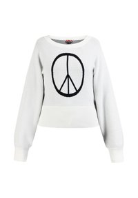 Maglione bianco a maglia con un design corto, caratterizzato da un grande simbolo di pace nero al centro e polsini e orlo a coste.