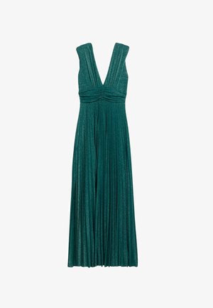 Teal evening dress with a deep V-neck, wide straps, and pleated skirt. Made from a shimmering fabric that adds texture and visual interest.