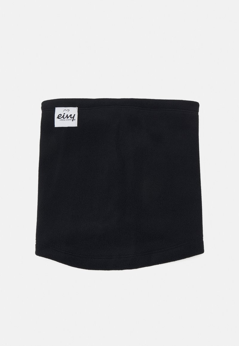 Schwarzer Fleece-Halswärmer mit abgerundetem oberen und unteren Ende, ausgestattet mit einem kleinen weißen Logotag an einer Seite. Weicher Stoff und dehnbarem Material.