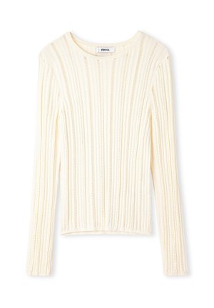 Pull crème avec des manches longues, présentant une texture côtelée et un motif en relief. Encolure arrondie, tissu doux et coupe courte.