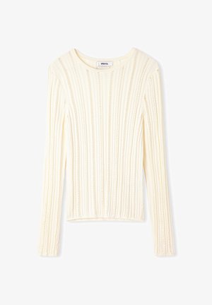 Pull crème avec des manches longues, présentant une texture côtelée et un motif en relief. Encolure arrondie, tissu doux et coupe courte.