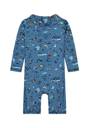 Blauer Baby-Strampler mit langen Ärmeln, versehen mit bunten Surf-Motiven wie Wellen, Haien, Surfbrettern, Schildkröten und Sonne.