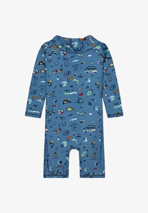 Blauer Baby-Strampler mit langen Ärmeln, versehen mit bunten Surf-Motiven wie Wellen, Haien, Surfbrettern, Schildkröten und Sonne.
