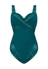 Tyrkysový jednocíplný plavky s křížovým designem vepředu, podšitémi košíčky, nastavitelnými ramínky a jemnými lesklými akcenty. Hladká textura po celé ploše.