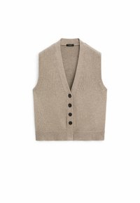 Beige neuleliivi, jossa on V-pääntie, viisi mustaa nappia edessä ja ribbireunus. Hihaton muotoilu, teksturoitu kangas.