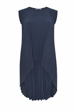 Marineblaues ärmelloses Kleid mit vertikalen Falten, asymmetrisch geschichtetem Saum und rundem Ausschnitt.