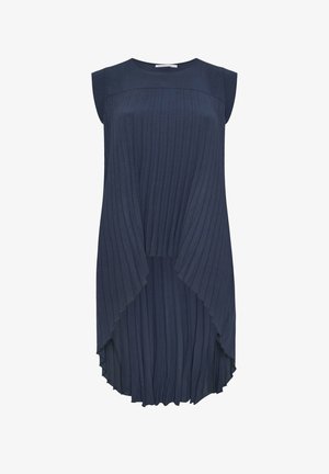 Navy blue sleeveless dress with vertical pleats, asymmetrical layered hem, and round neckline.