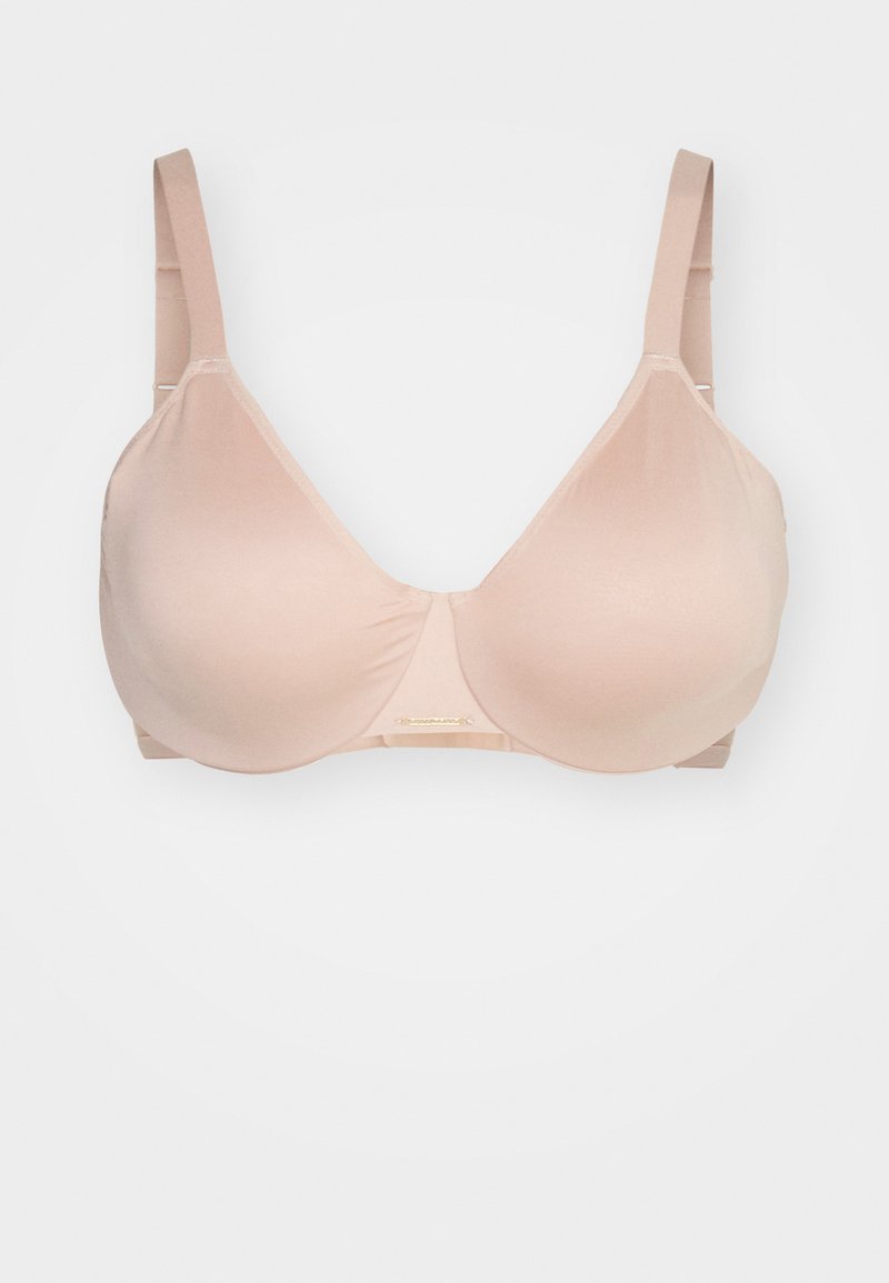 Beige bra with smooth, padded cups and adjustable straps. Features a subtle sheen and a small gold accent at the center front.