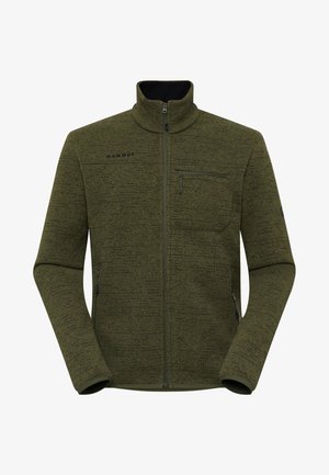 Giacca in pile verde con colletto alto, chiusura a zip, tasca anteriore e tessuto testurizzato. Presenta una fodera interna a contrasto e dettagli del logo.