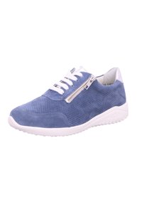 Blue suede sneaker with perforated design, white rubber sole, and silver zipper accent on the side. Features white laces and lining.