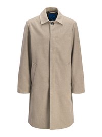 Beige uldblandingsfrakke med lige snit, spænde lukning, spidse kraver, to sidelommer og minimalistisk design uden mønstre.