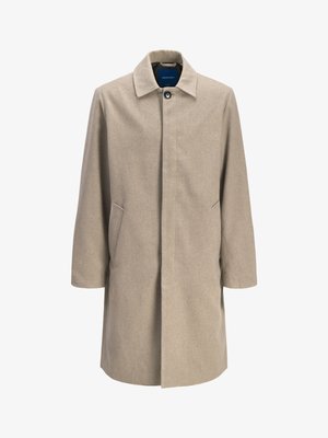 Palton bej din lână cu un croi drept, închidere cu agrafă, guler ascuțit, două buzunare laterale și un design minimalistic, fără modele.