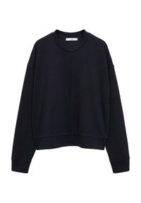 Sweat-shirt noir avec un col rond, épaules tombantes et poignets côtelés. Tissu lisse avec un motif texturé subtil. Design court.