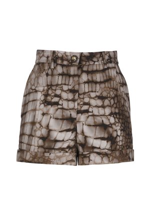 Shorts da donna a vita alta con motivo in pelle di coccodrillo marrone e beige, con chiusura a bottone e orli risvoltati.