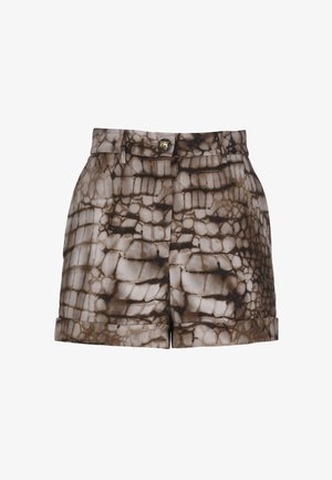 Shorts da donna a vita alta con motivo in pelle di coccodrillo marrone e beige, con chiusura a bottone e orli risvoltati.