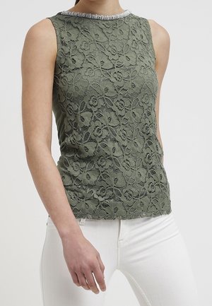 Débardeur en dentelle vert olive avec motif floral, col rond orné d'accents métalliques, coupe ajustée et sans manches.