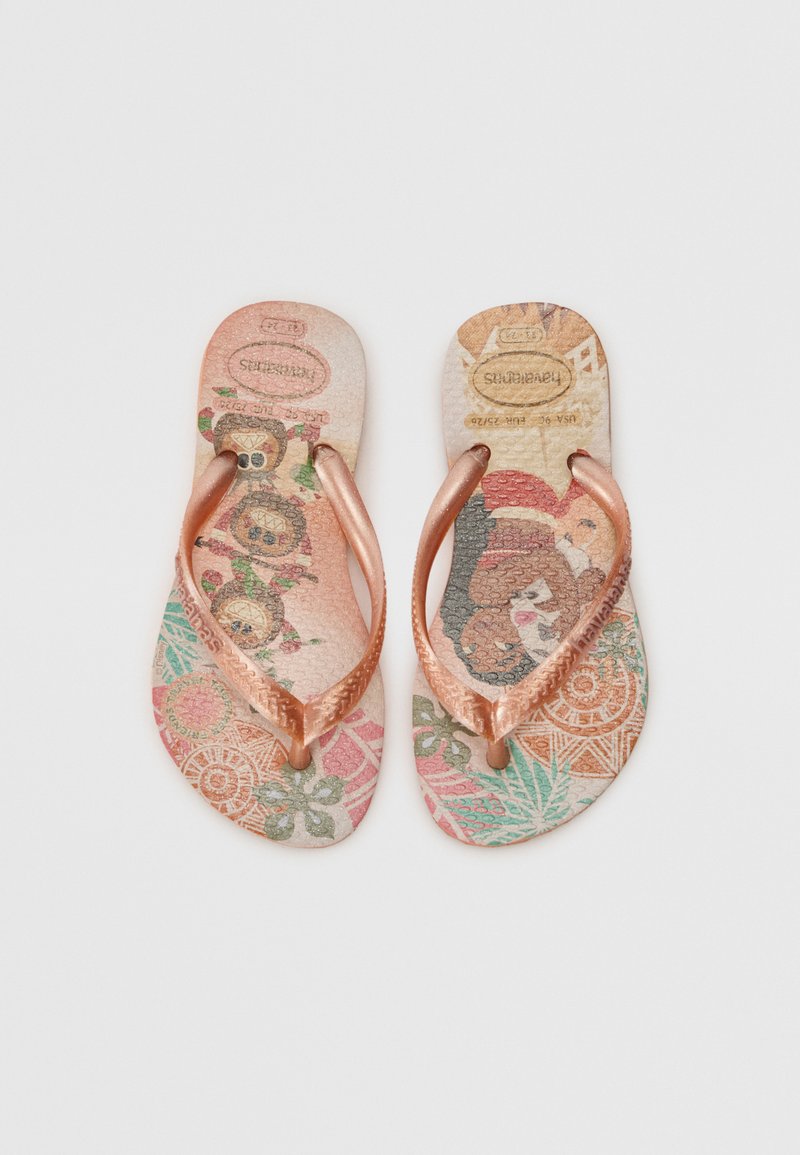 Copper-tone thong flip-flops with a patterned footbed featuring floral and graphic designs in pastel colors. Textured soles for grip.