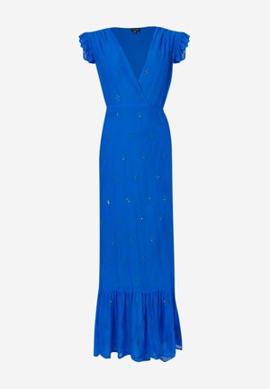 Abito maxi blu con scollatura a V, maniche corte a volant, decorato con paillettes simili a diamanti e orlo svasato. Tessuto morbido.