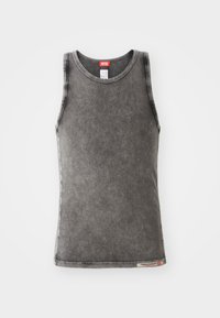 Grå ermeløs tank topp laget av bomullsmiks. Har rund hals, minimalistisk design, og en liten merkeetikett ved kanten.