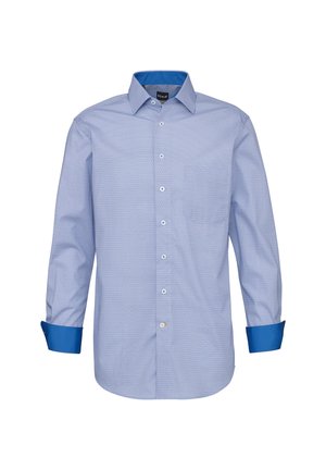 Hellblaues Herrenhemd mit langen Ärmeln, dezentem Muster, Haifischkragen, blauem Innenkragen und Manschetten sowie durchgehender Knopfleiste.