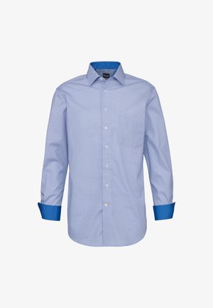 Hellblaues Herrenhemd mit langen Ärmeln, dezentem Muster, Haifischkragen, blauem Innenkragen und Manschetten sowie durchgehender Knopfleiste.