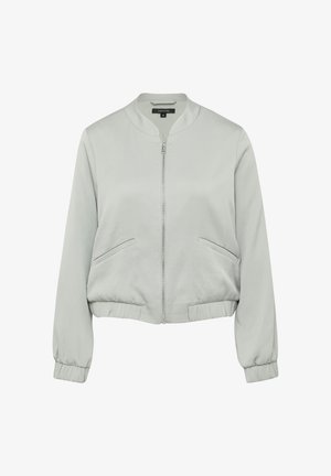 Light gray bomber jacket featuring textured fabric, ribbed cuffs and hem, two front pockets, and a front zipper closure.