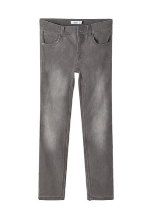 Jean en denim gris coupe slim avec fermeture par bouton et fermeture éclair, poches avant et arrière, et passants pour ceinture.