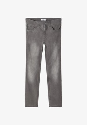 Jean en denim gris coupe slim avec fermeture par bouton et fermeture éclair, poches avant et arrière, et passants pour ceinture.