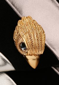 Gold brooch shaped like a leaf, featuring intricate textures and a clear gem accent. Set against a black and silver background.