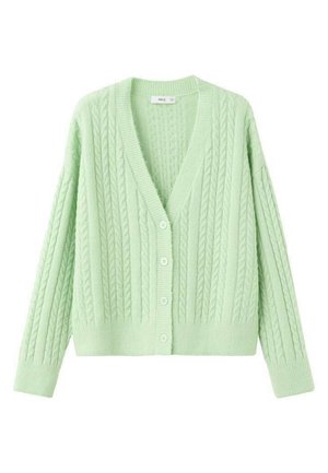 Cardigan en tricot vert clair avec un col en V, des poignets côtelés et des boutons centrés. Présente un motif en torsades, texture douce.