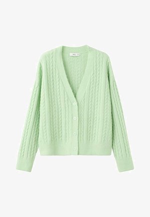 Cárdigan de punto verde claro con cuello en V, puños acanalados y botones centrados. Presenta un patrón de trenzas y una textura suave.