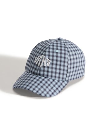 Modrá a černá kšiltovka s kostkovaným vzorem, se strukturovaným kšiltem a vyšitým logem "VANS" v bílé barvě. Vyrobena z textilního materiálu se hladkým povrchem.