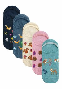 Five pairs of colorful low-cut socks featuring animal and floral embroidery. Colors include navy, teal, cream, pink, and light blue.