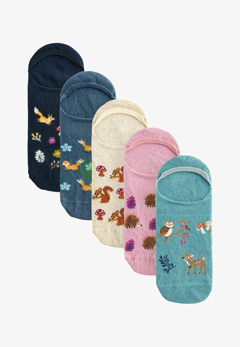 Fünf Paare von bunten, knöchelhohen Socken mit Tier- und Blumenstickerei. Die Farben umfassen Marineblau, Türkis, Creme, Pink und Hellblau.