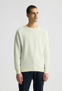 Lichtgroene sweatshirt met een gestructureerde afwerking, met raglanmouwen en een geribde zoom. Accenten in een lichtere tint bij de mouwen en de kraag.