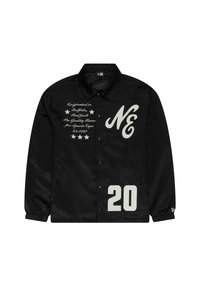 Black nylon jacket with snap buttons, white printed text, and a large "20" on the front. Features side pockets and a collared neck.