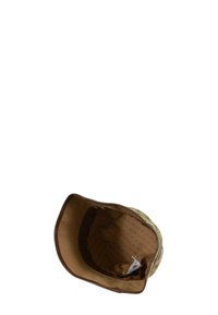 Cappello a secchiello color marrone chiaro con un motivo sottile e un'etichetta visibile all'interno.