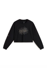 Zwarte cropped sweatshirt gemaakt van katoen, met een draaiend grafisch ontwerp in metallic goud in het midden en tekst op de mouwen.