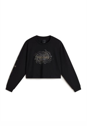 Black cropped sweatshirt made from cotton, featuring a swirling graphic design in metallic gold at the center and text on the sleeves.