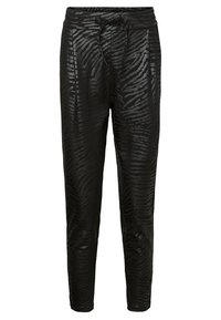 Czarne spodnie z ekoskóry z delikatnym wzorem w paski tygrysa. Posiadają elastyczny pas z sznurkiem do regulacji dopasowania.