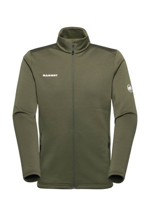 Olijfgroene fleecjas met een hoge kraag, volledige rits aan de voorkant en een logo op de linkerborst. Heeft zijzakken en een soepele textuur.