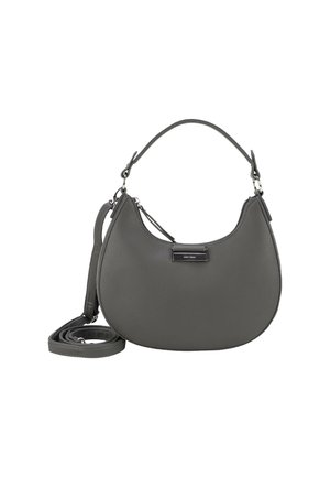 Grå läderhandväska med en rundad siluett. Har ett handtag upptill och en justerbar axelrem. Minimalistisk design med en liten logoplatta.