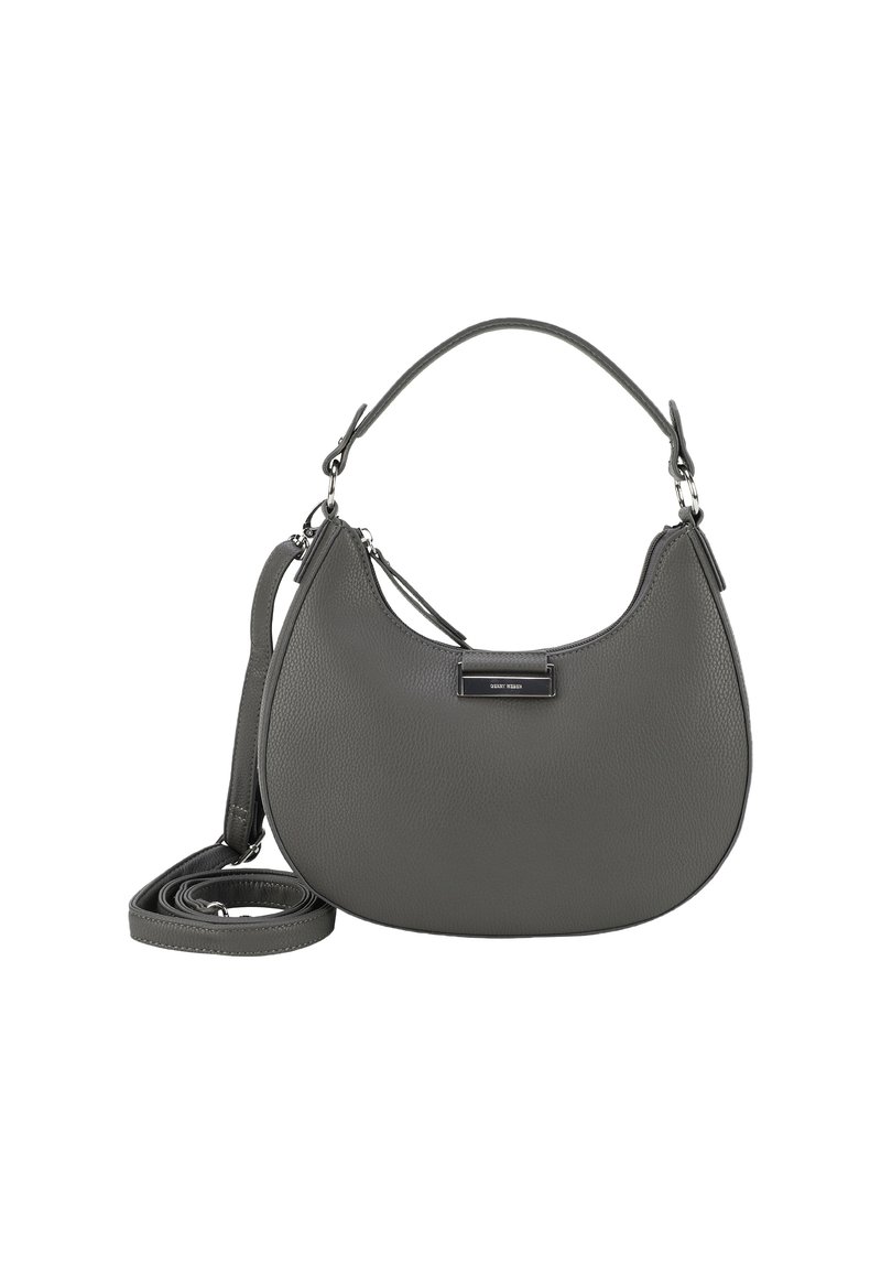Borsa in pelle grigia con silhouette arrotondata. Presenta una maniglia superiore e una tracolla regolabile. Design minimalista con una piccola placca logo.