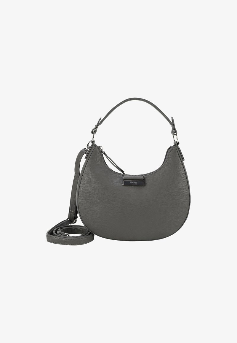 Borsa in pelle grigia con silhouette arrotondata. Presenta una maniglia superiore e una tracolla regolabile. Design minimalista con una piccola placca logo.