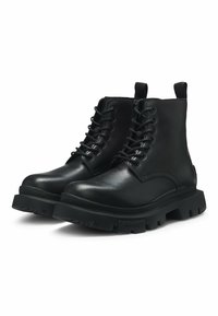 Black leather ankle boots with a smooth finish, round toe, lace-up front, and sturdy rubber sole featuring a textured tread pattern.