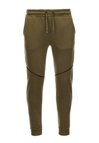 Olivgrüne Sweatpants aus weichem Stoff, mit schmalem Design, schwarzem Akzentsteppnähte, elastischem Taillenbund und Bündchen an den Knöcheln.